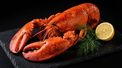 Large fresh lobster on a dark background, premium seafood close up with rich shell texture and gourmet presentation, dramatic minimal composition, studio lighting, high detail, no logos