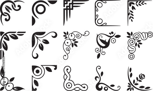 Elegant set of black decorative corners perfect for enhancing borders, frames, and ornate design elements