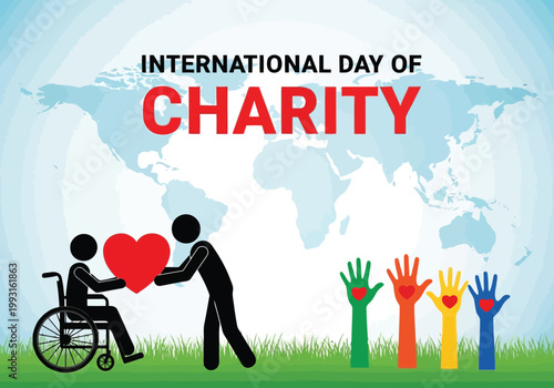 International day of charity illustration with world map and helping hands