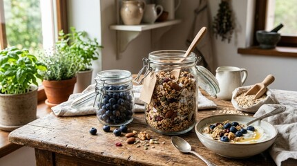 Natural granola in jars with fresh blueberries, healthy breakfast ingredients, wholesome food styling, rustic kitchen scene, realistic detail, no logos