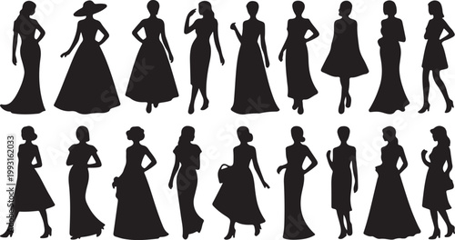 Extensive collection of diverse female fashion silhouettes showcasing various elegant dresses and stylish poses