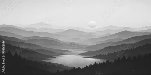 Black and white mountain landscape: misty lake valley layered hills forest silhouette sunrise serene nature scenic background