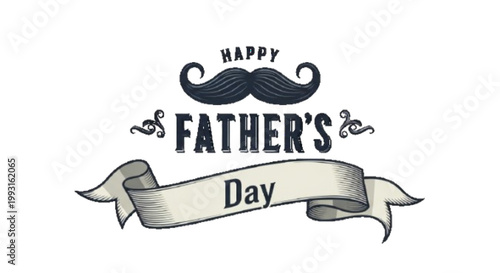 Happy Father’s Day badge emblem design, vintage style, ribbon and mustache elements, dark textured background, elegant vector illustration, print ready composition white background