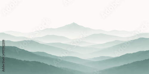 Blue green mountain landscape: misty layered hills soft gradient peaks serene nature scenic background minimalist view