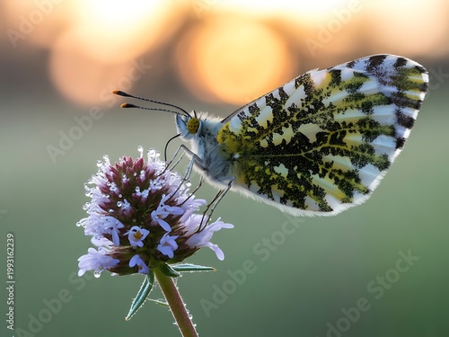 Butterfly on blooming flower in fresh morning light