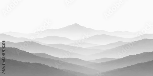 Black and white mountain landscape: misty layered hills soft gradient peaks serene nature scenic background minimalist view