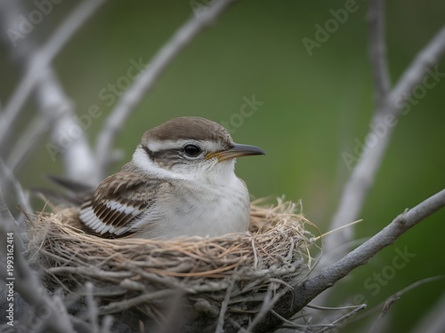Small bird in nest during strong wind