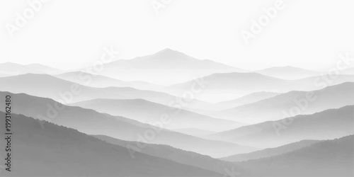 Black and white mountain landscape: misty layered hills soft fog peaks minimalist serene nature scenic background