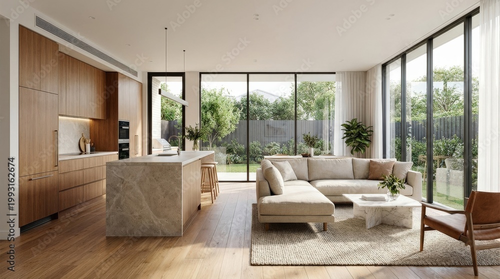Fototapeta premium Modern kitchen and living room interior, open-plan home design with stylish furnishings and natural light, realistic interior detail, no logos