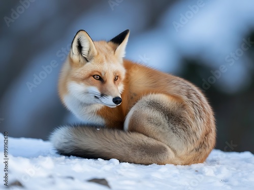 Fox curled up in snow for warmth