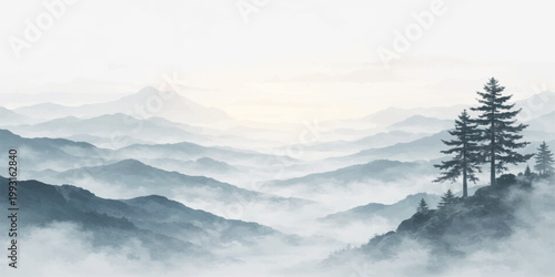 Blue mountain landscape: misty forest hills foggy valley sunrise sky lone tree serene nature scenic background