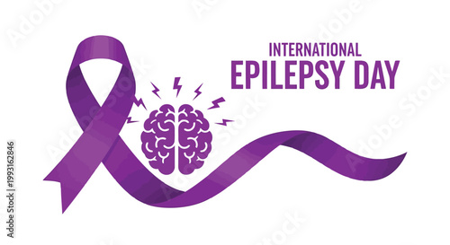 Purple awareness ribbon with brain illustration for international epilepsy day