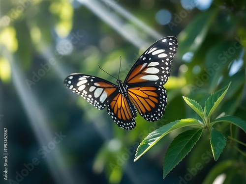 Butterfly flying through sun rays in forest