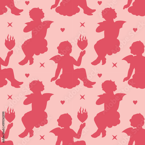 Obraz na plátně A flirty fun anti-romantic seamless background of devil Cupid silhouettes with hearts in a flame