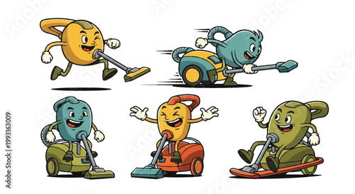 Cartoon vacuum cleaners performing actions on white background