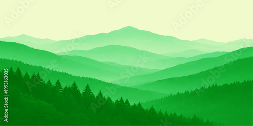 Green mountain landscape: layered hills forest valley gradient peaks serene nature scenic background minimalist illustration