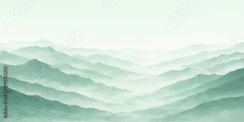 Green mountain landscape: misty layered hills soft gradient peaks serene nature minimalist scenic background