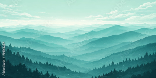 Blue green mountain landscape: misty layered hills forest valley sky clouds serene nature scenic background
