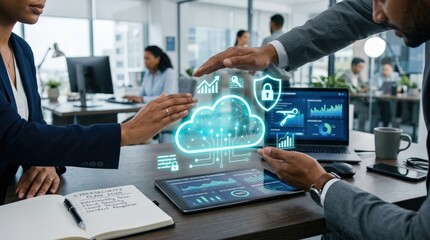 Business hands protecting cloud computing data with digital security icons and charts on a modern office desk, technology strategy and cybersecurity planning concept, realistic detail, no logos