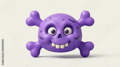 A funny cute violet skull with crossbones, playful Halloween character styling, smooth rounded features and cheerful spooky charm on a clean backdrop, ultra-realistic, no logos.