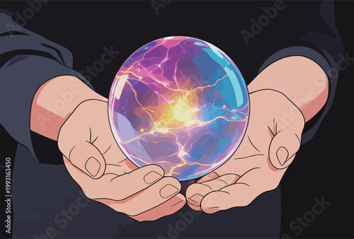 Hands Holding Energy Plasma Sphere with Lightning