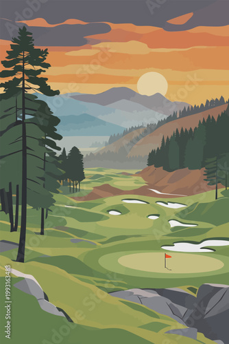 Sunset Over Golf Course with Pine Trees and Bunkers