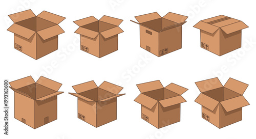 Collection of empty cardboard boxes in various open positions displayed