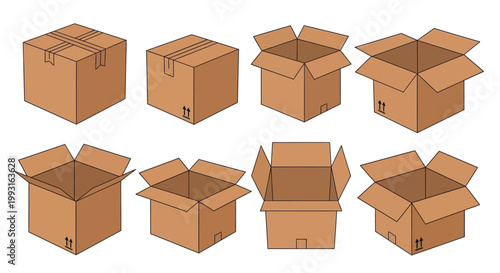Illustration of various cardboard boxes in different opened and closed states
