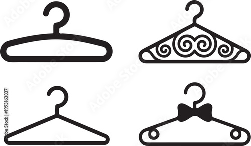 Stylish set of four black outline clothes hangers featuring unique decorative elements ideal for fashion and retail concepts