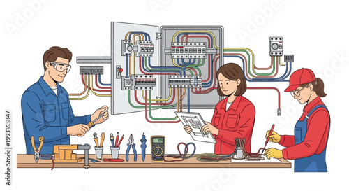 Electricians working with a complex electrical panel and various tools