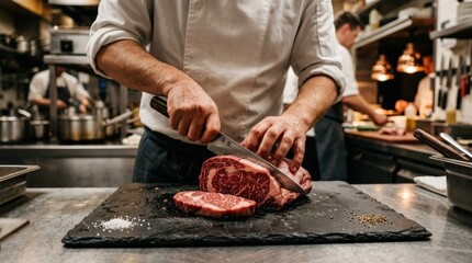 Chef cutting raw steak on black board, professional kitchen food preparation concept, fresh meat close up, culinary action, dramatic lighting, realistic detail, no logos