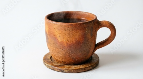Terracotta mug isolated on a white background, rustic ceramic texture and warm earthy tones, cozy home beverage styling, ultra-realistic, no logos.