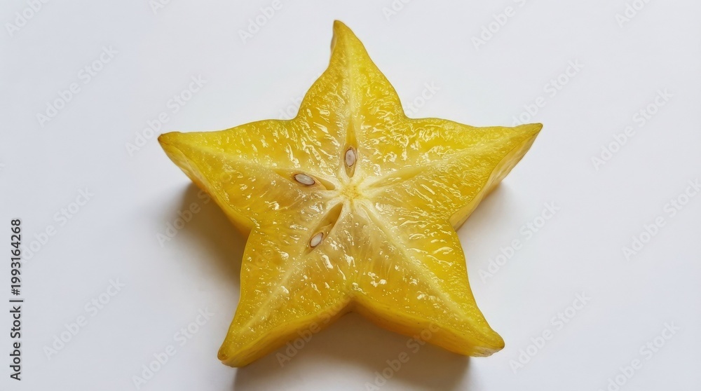Fototapeta premium Bright yellow star fruit slice isolated on a white background, translucent juicy flesh and crisp star shape, fresh tropical fruit mood, ultra-realistic, no logos.