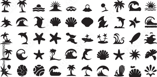 Vast assortment of small black summer beach and marine themed silhouettes representing tropical vacation elements