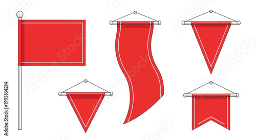 A collection of red flags and pennants on a white background