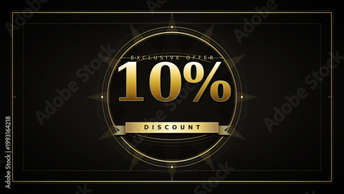 Elegant 10% Discount Vector Banner with Golden Text on Luxury Black Background