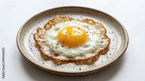 Sunny side up fried egg isolated, bright golden yolk and glossy white edges, appetizing breakfast simplicity, ultra-realistic, no logos.
