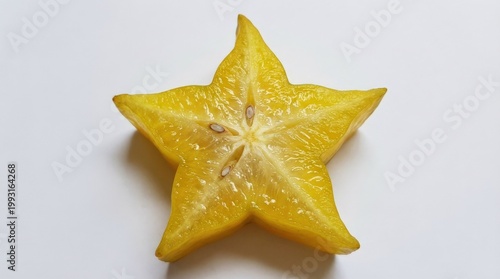 Bright yellow star fruit slice isolated on a white background, translucent juicy flesh and crisp star shape, fresh tropical fruit mood, ultra-realistic, no logos.