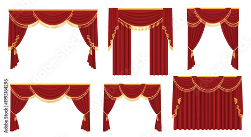 Collection of ornate red curtains with gold trim displayed in various arrangements