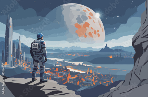 Astronaut Overlooking Futuristic Alien Cityscape