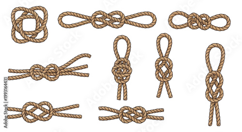 Various nautical knots illustrated with brown rope on a white background