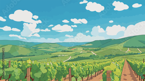 Vineyard Landscape with Rolling Hills and Blue Sky