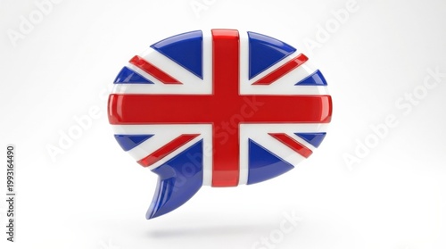 Union Jack speech bubble isolated on a white background, glossy communication symbol, language learning and British culture theme, ultra-realistic, no logos.