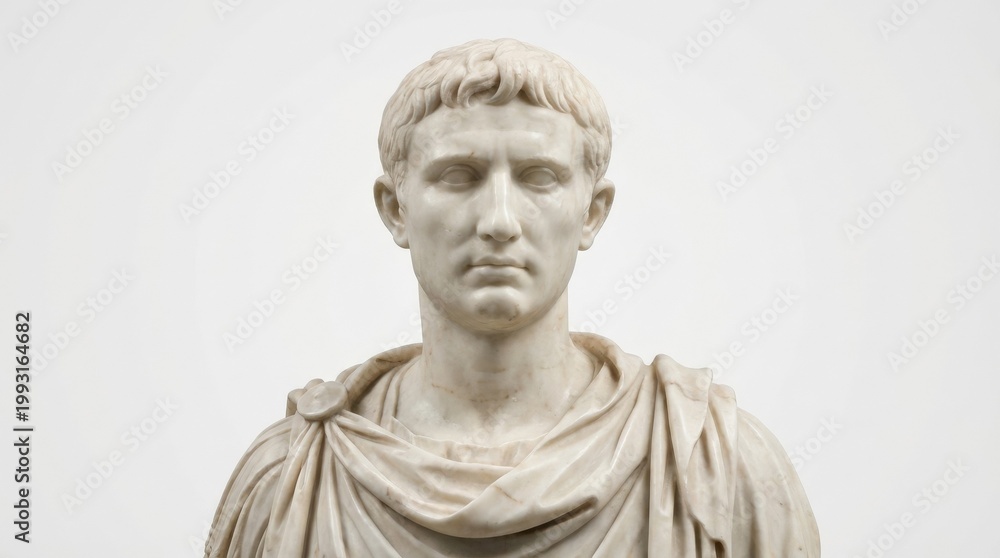 Obraz premium Roman emperor bust isolated on a white background, smooth marble sculpture with classical facial detail, timeless history and art museum mood, ultra-realistic, no logos.