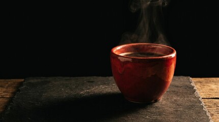 Red coffee cup on a dark table against a black background, minimal hot drink concept with strong color contrast and elegant composition, moody lighting, realistic ceramic texture, no logos