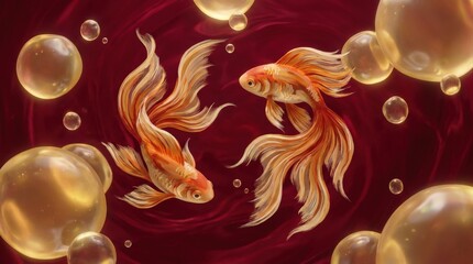 Two stylized goldfish swimming on a deep red background surrounded by translucent golden jelly spheres, vibrant conceptual aquatic design, no logos