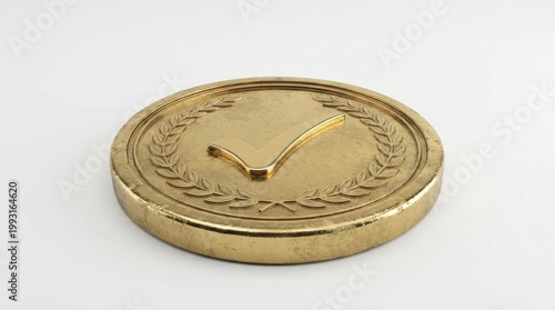 Golden seal with a check mark isolated on a white background, embossed metallic finish, premium approval and quality assurance mood, ultra-realistic, no logos.