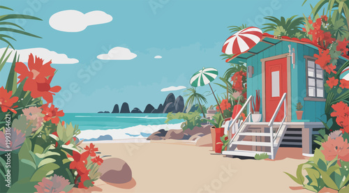 Tropical Beach Lifeguard Tower with Flowers