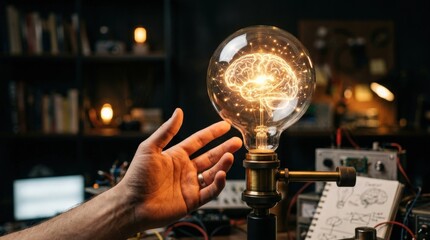 Hand reaching toward lightbulb with glowing brain, creativity and intelligence concept with futuristic idea visualization and warm luminous focus, realistic detail, no logos