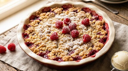 Freshly baked raspberry crumble with golden topping and berries, homemade dessert close up, rustic pastry texture, warm bakery styling, appetizing natural light, no logos